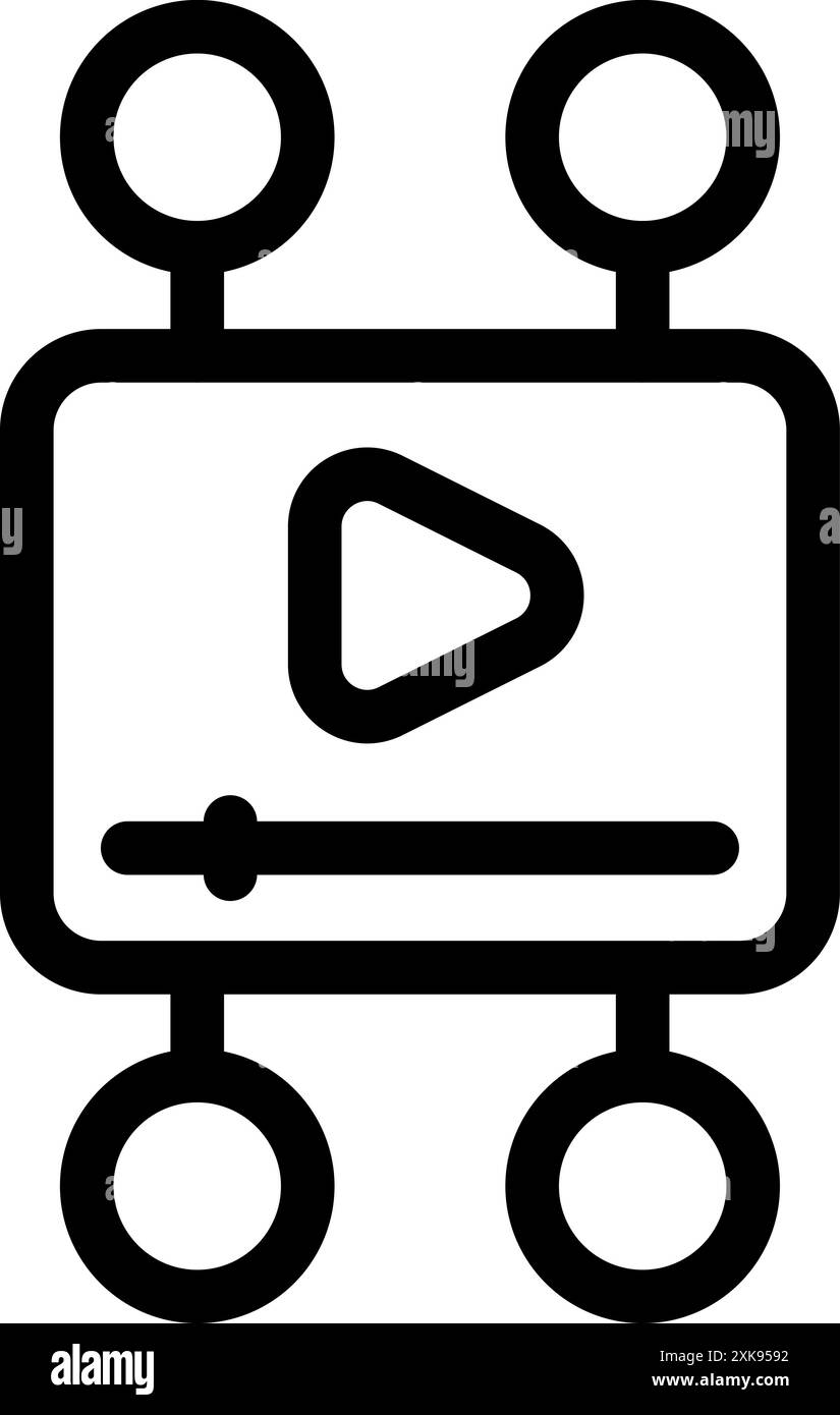 Icône de contour noir d'un lecteur vidéo connecté par quatre cercles, symbolisant le partage réseau et la distribution de contenu numérique Illustration de Vecteur