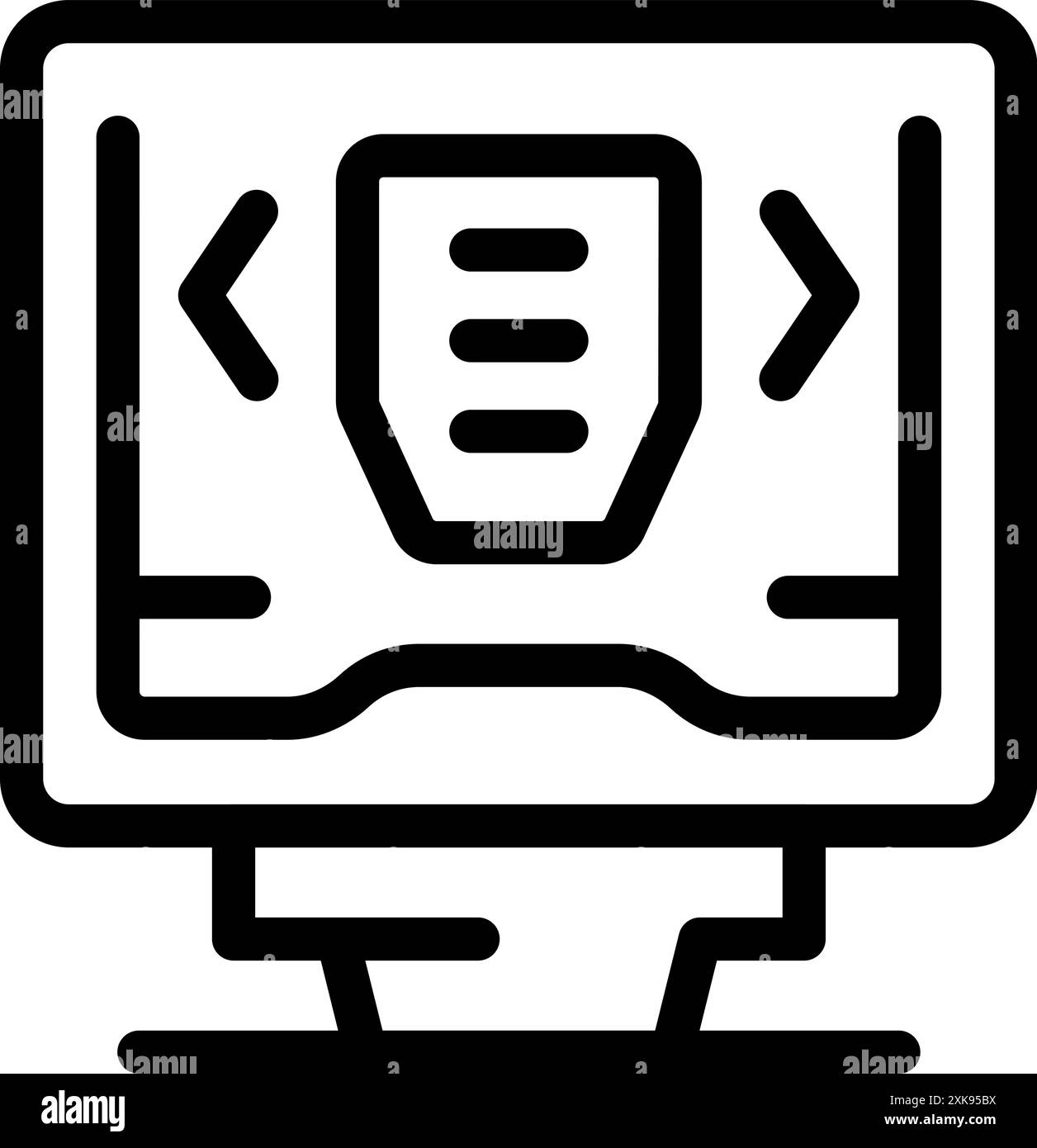 Icône de ligne d'un écran d'ordinateur affichant les plaquettes de frein de voiture, symbolisant la commande de pièces de voiture en ligne ou des informations Illustration de Vecteur