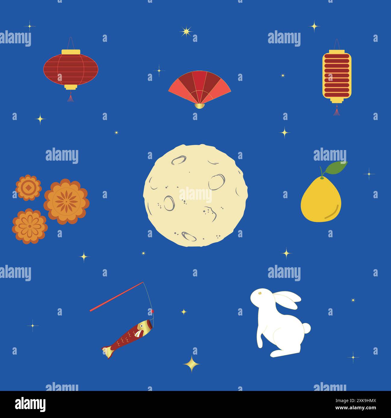 Un ensemble d'objets vectoriels Moon Festival. Fête de mi-automne. Lune, gâteau de lune, lapin, Lanterne, Pomelo, fan, Koinobori, Stars. Illustration de Vecteur