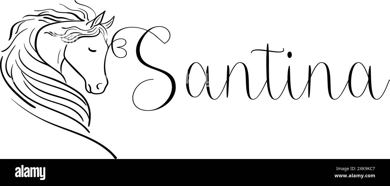 Santina - couleur noire - nom écrit - graphiques vectoriels avec cheval stylisé avec coeur - pour les sites Web, salutations, bannières, cartes, tag, Illustration de Vecteur