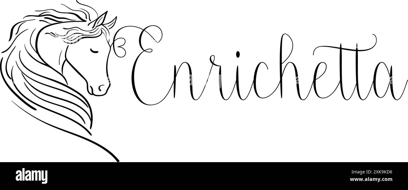 Enrichetta - couleur noire - nom écrit - graphiques vectoriels avec cheval stylisé avec coeur - pour les sites Web, salutations, bannières, cartes, tag, Illustration de Vecteur