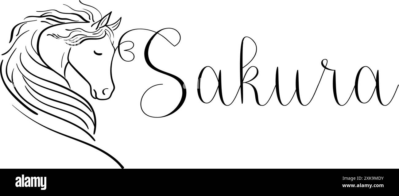 SAKURA - couleur noire - nom écrit - graphiques vectoriels avec cheval stylisé avec coeur - pour les sites Web, salutations, bannières, cartes, tag, Illustration de Vecteur