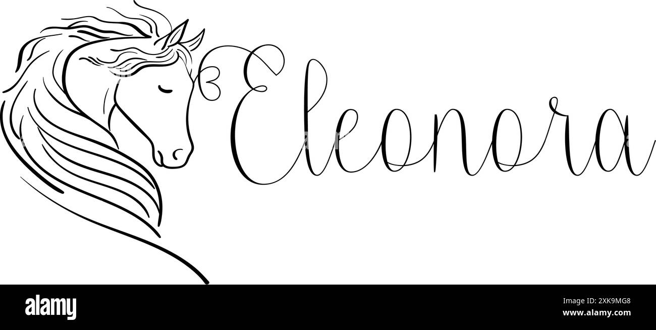 Eleonora - couleur noire - nom écrit - graphiques vectoriels avec cheval stylisé avec coeur - pour les sites Web, salutations, bannières, cartes, tag, Illustration de Vecteur