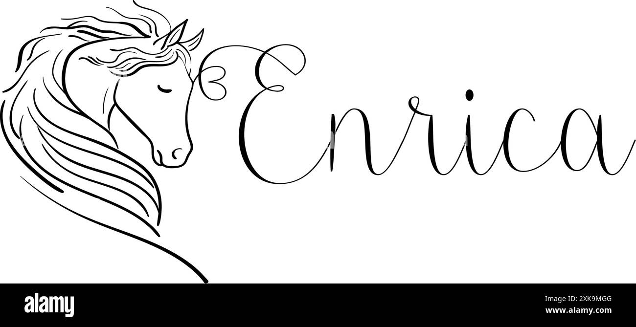 Enrica - couleur noire - nom écrit - graphiques vectoriels avec cheval stylisé avec coeur - pour les sites Web, salutations, bannières, cartes, tag, Illustration de Vecteur