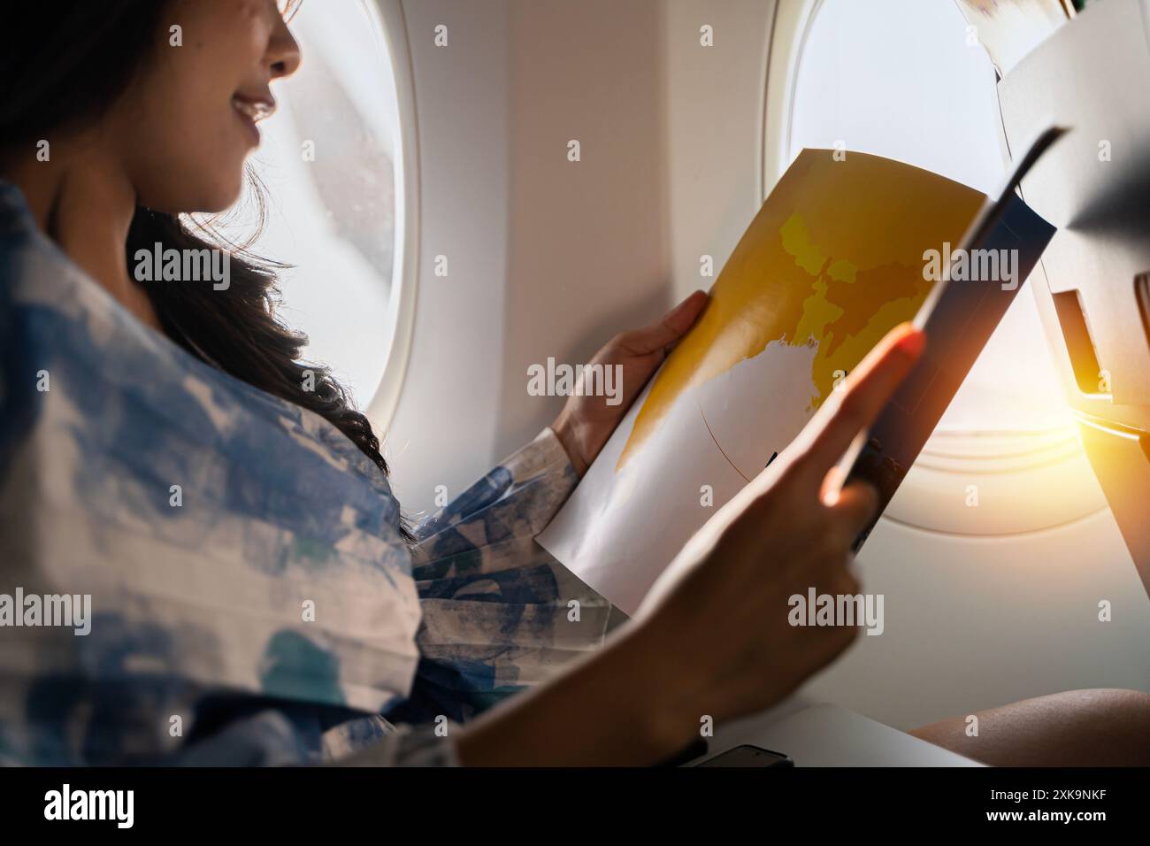 Succès éditeur de livre féminin lisant la littérature pendant le temps dans l'avion avant la réunion d'affaires avec l'écrivain, confiant formellement habillé, femme agréable Banque D'Images