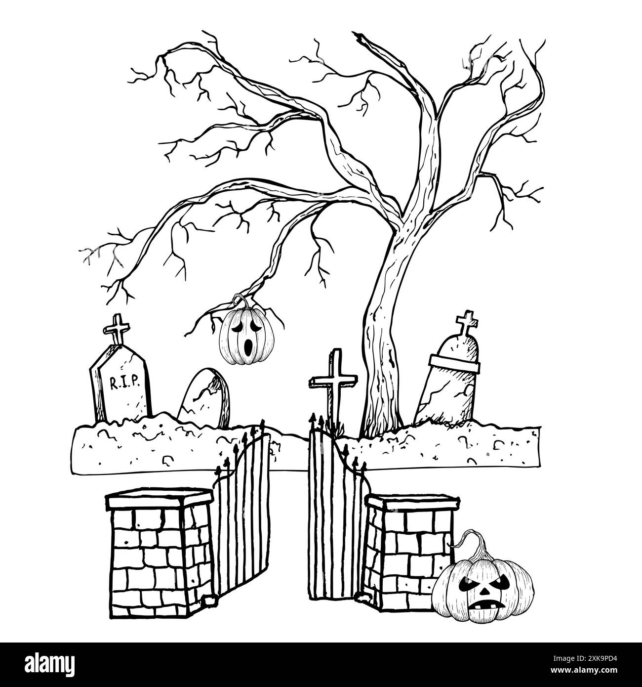 Vecteur vieux cimetière abandonné avec porte. Illustration d'arbre d'automne linéaire peint à la main. Art graphique de pierre tombale monochrome pour tatouage, symbole de la mort Illustration de Vecteur