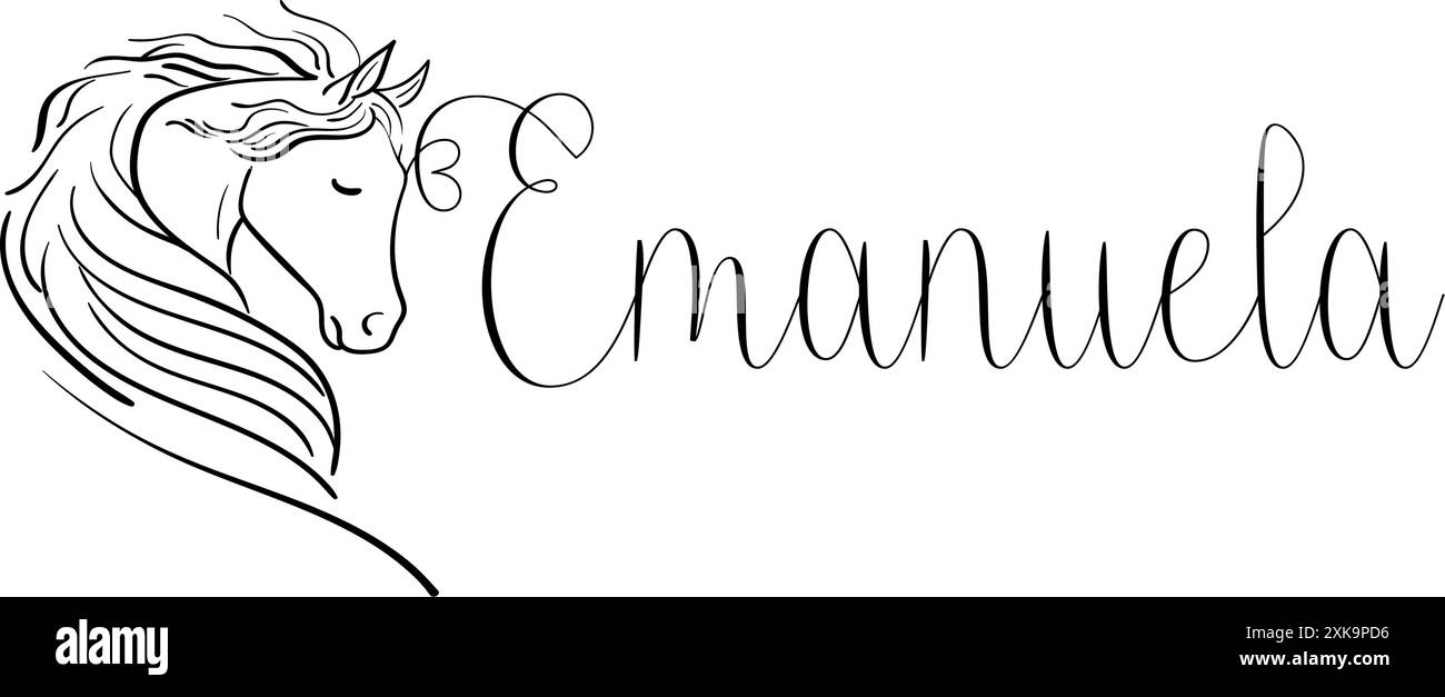 Emanuela - couleur noire - nom écrit - graphiques vectoriels avec cheval stylisé avec coeur - pour les sites Web, salutations, bannières, cartes, tag, Illustration de Vecteur