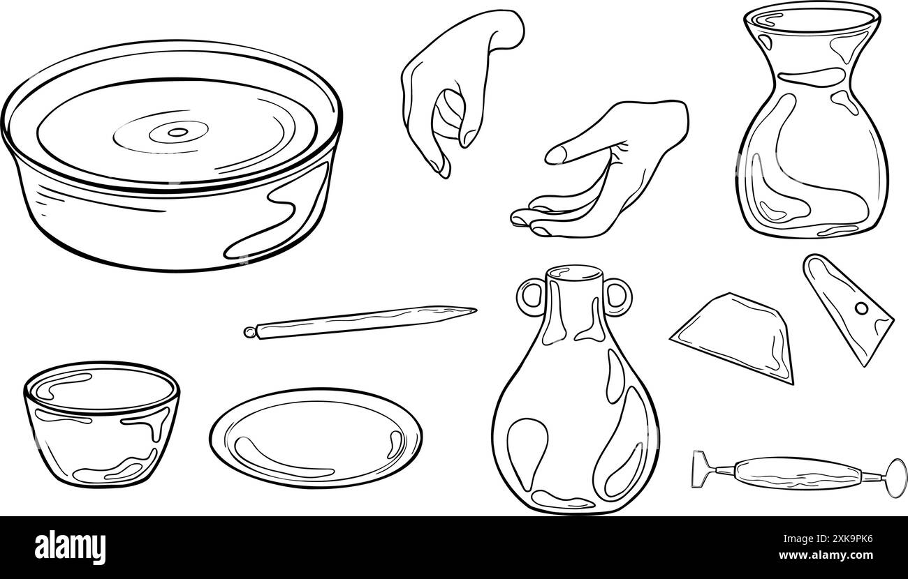 Roue de poterie et outils de modélisation illustration vectorielle noir blanc isolé. Ensemble de vases de poterie et de mains de femmes encre contour dessiné à la main. Piles Illustration de Vecteur
