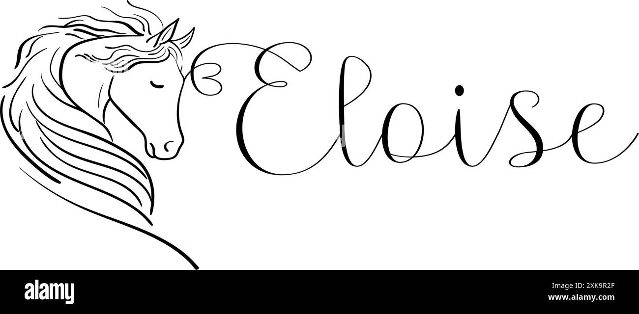 Eloise - couleur noire - nom écrit - graphiques vectoriels avec cheval stylisé avec coeur - pour les sites Web, salutations, bannières, cartes, tag, Illustration de Vecteur