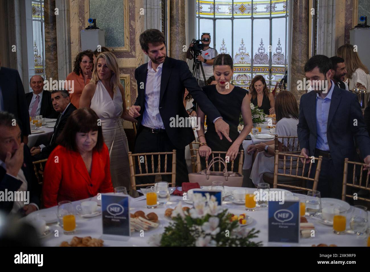 Madrid, Espagne. 22 juillet 2024. De gauche à droite, Yolanda Díaz, ministre du travail et de l'économie sociale, Ernest Urtasun, ministre de la culture de l'Espagne, Sira Rego, ministre de la Jeunesse et de l'enfance et Pablo Bustinduy, ministre des droits sociaux, de la consommation et de l'Agenda 2030 lors d'un petit déjeuner d'information à Madrid. Crédit : D. Canales Carvajal/Alamy Live News Banque D'Images