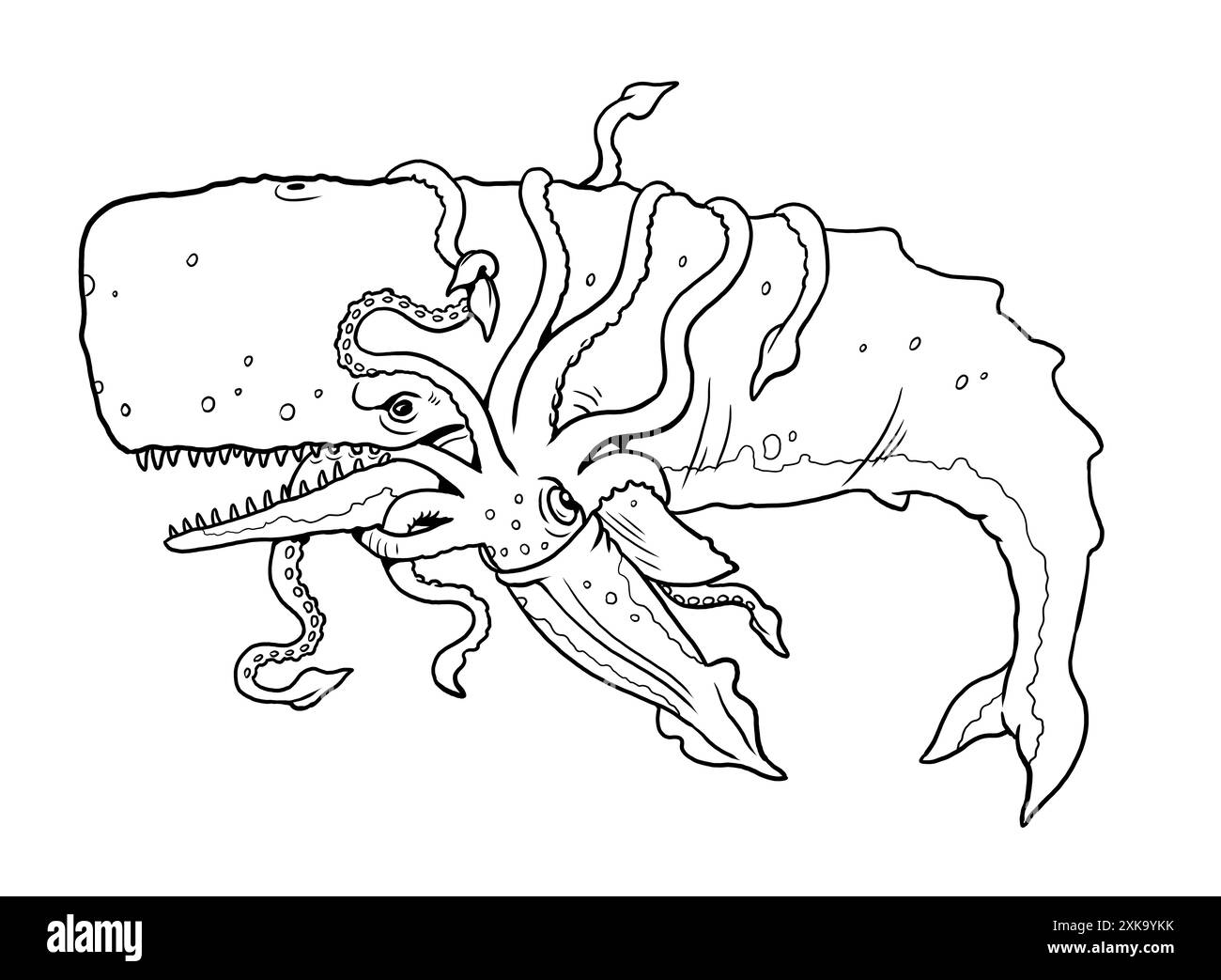 Bataille entre la baleine préhistorique Livyatan et le gigantesque calmar. Coloriage avec des animaux préhistoriques. Banque D'Images