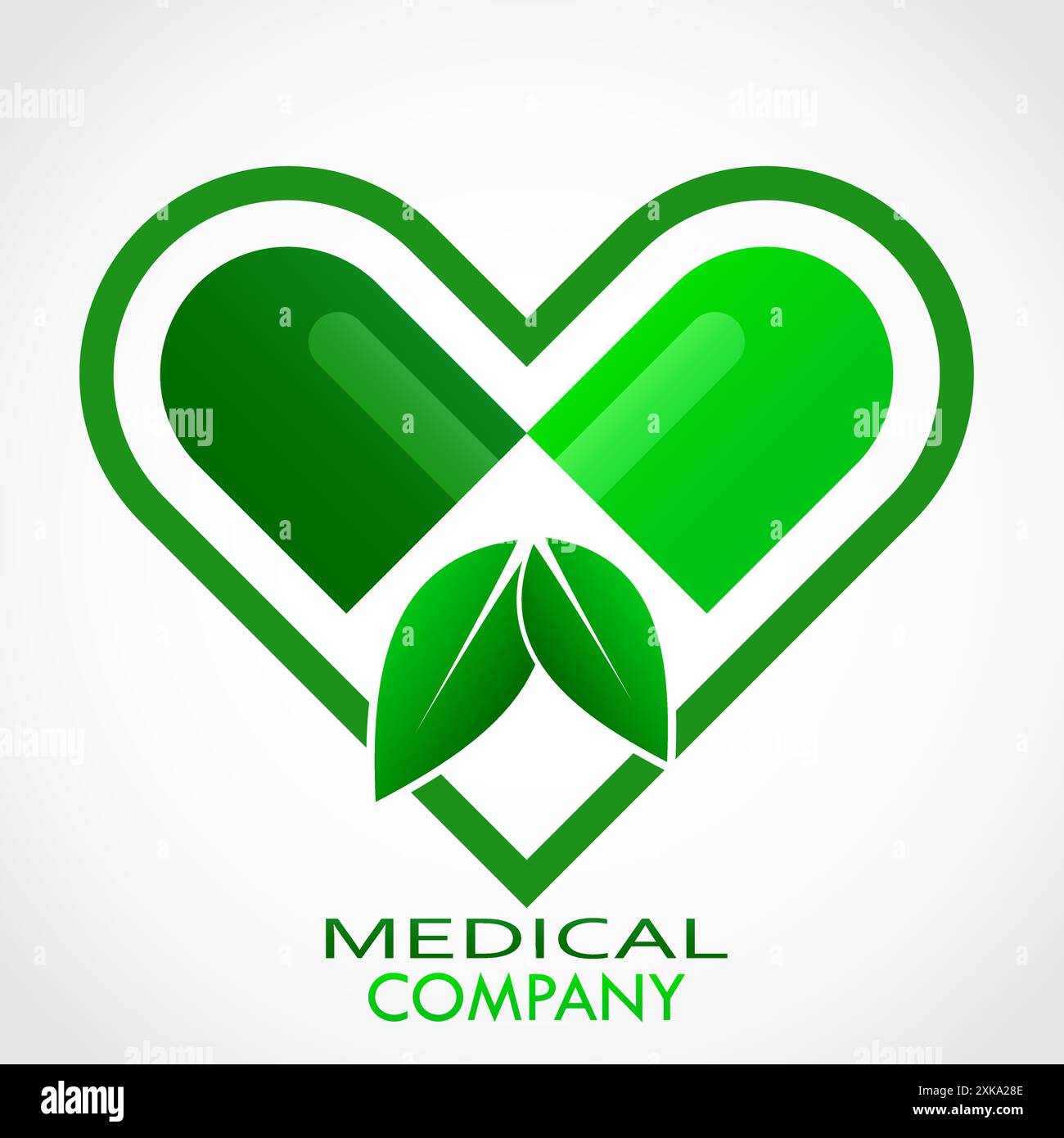 logo vert naturel de pilule médicale avec des feuilles dans le cadre en forme de coeur Illustration de Vecteur
