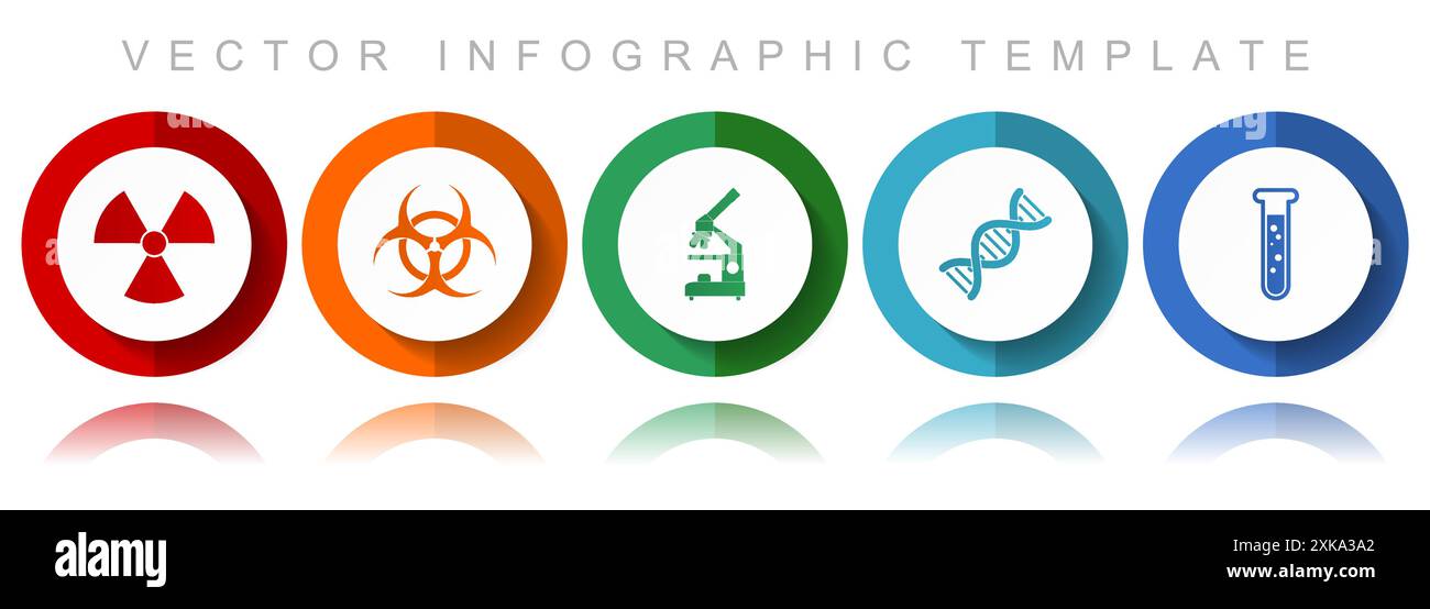 Collection d'icônes de vecteur de science, icônes diverses telles que le rayonnement, le risque biologique, le microscope, l'adn et le tube à essai, modèle infographique de conception plate en e Illustration de Vecteur