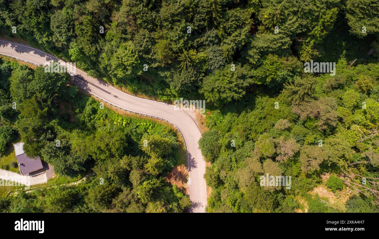 Lago di Ledro, Italie - 21 juillet 2024 : une route sinueuse serpente à travers une forêt dense près de Lago di Ledro en Italie. Vue aérienne *** Eine kurvige Straße windet sich durch einen dichten Wald nahe dem Lago di Ledro in Italien. Luftaufnahme Banque D'Images