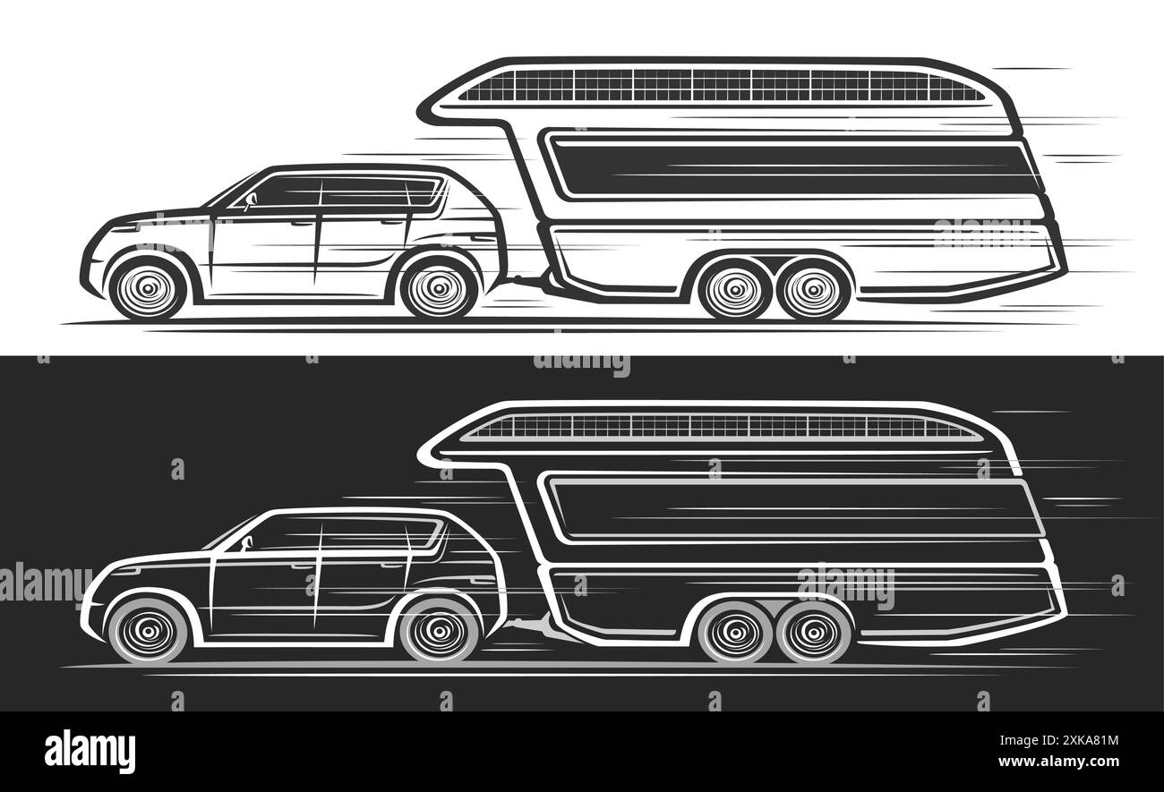 Logo vectoriel pour Tourist Caravan, bannières automobiles avec illustration de camping-car de luxe monochrome en mouvement, illustration décorative de la traction électrique de jeep Illustration de Vecteur