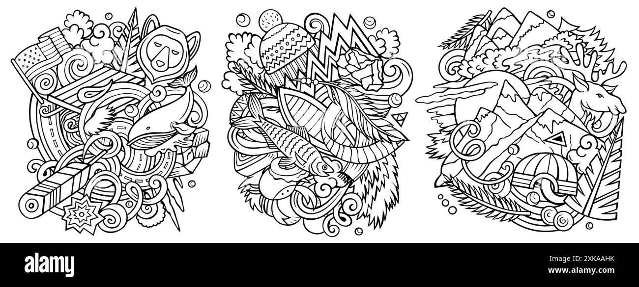 Alaska dessin animé vecteur doodle Designs Set. Compositions détaillées d'art au trait avec beaucoup d'objets et de symboles de l'État des États-Unis Illustration de Vecteur