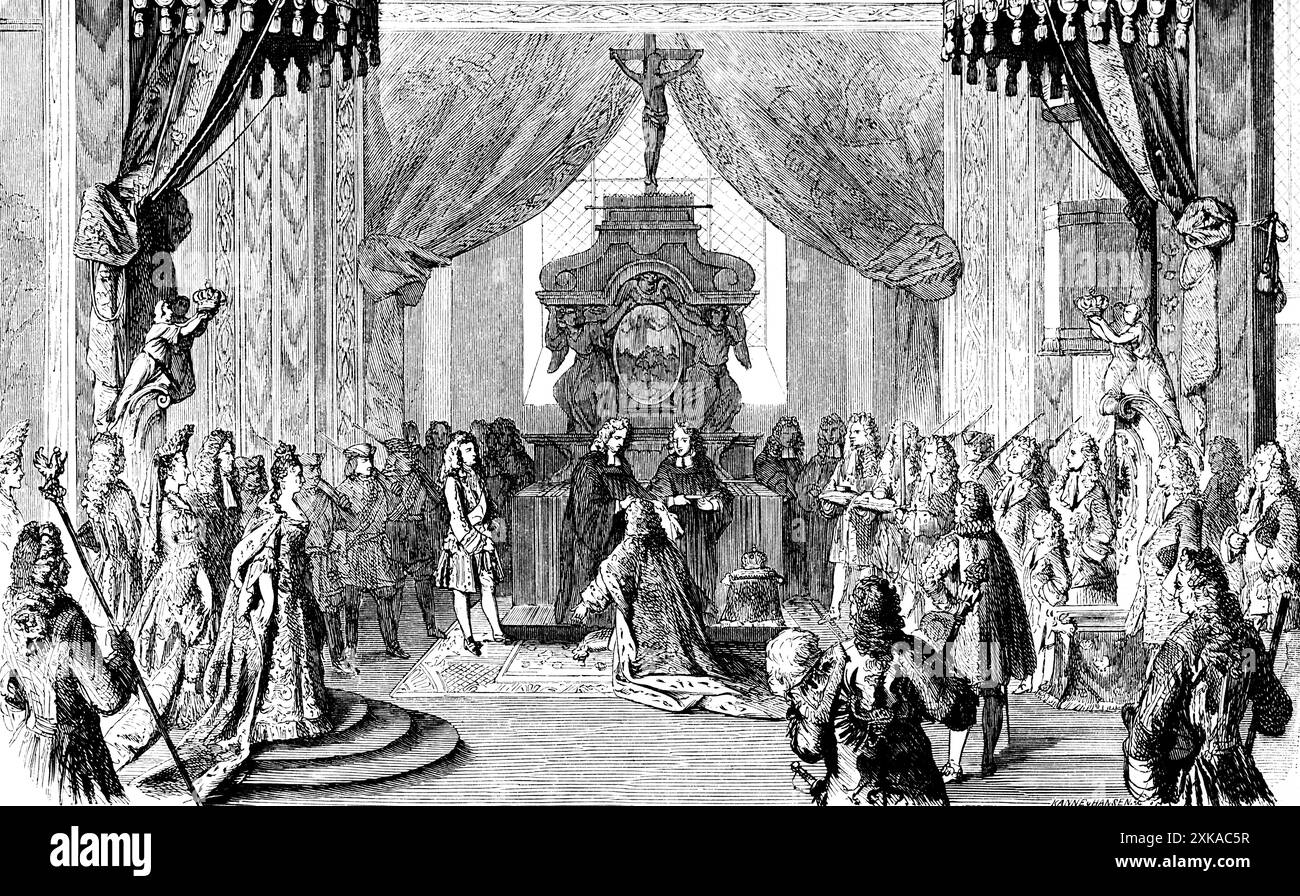 Célébration de l'onction du roi Friederik Ier au palais de Königsberg, aujourd'hui Kaliningrad, Russie, histoire prusssienne, illustration historique 1882, Banque D'Images