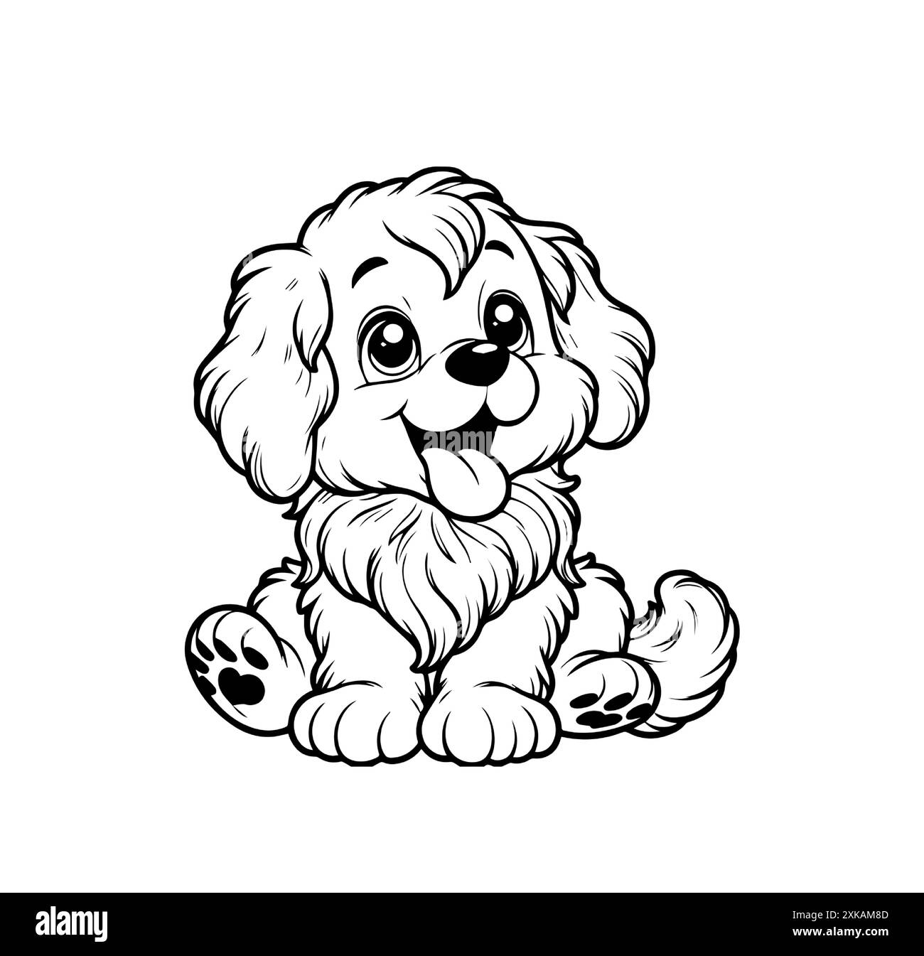 Adorable chiot de dessin animé souriant et assis heureux. Chien mignon et moelleux avec une expression amicale, une queue agitée et la langue. Pour le livre de coloriage enfant, t Illustration de Vecteur