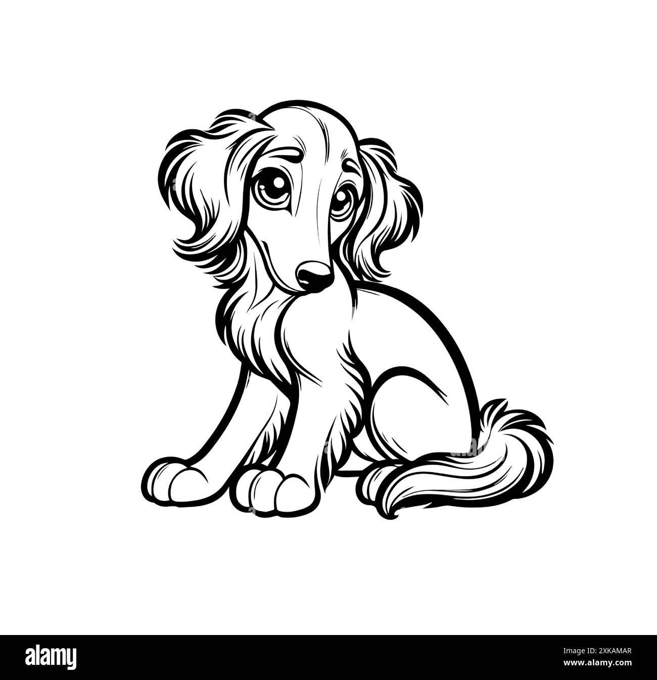 Adorable chien à poil long assis avec une expression douce et attachante. Parfait pour les livres de coloriage, décor de crèche, cartes de vœux, matériel éducatif Illustration de Vecteur