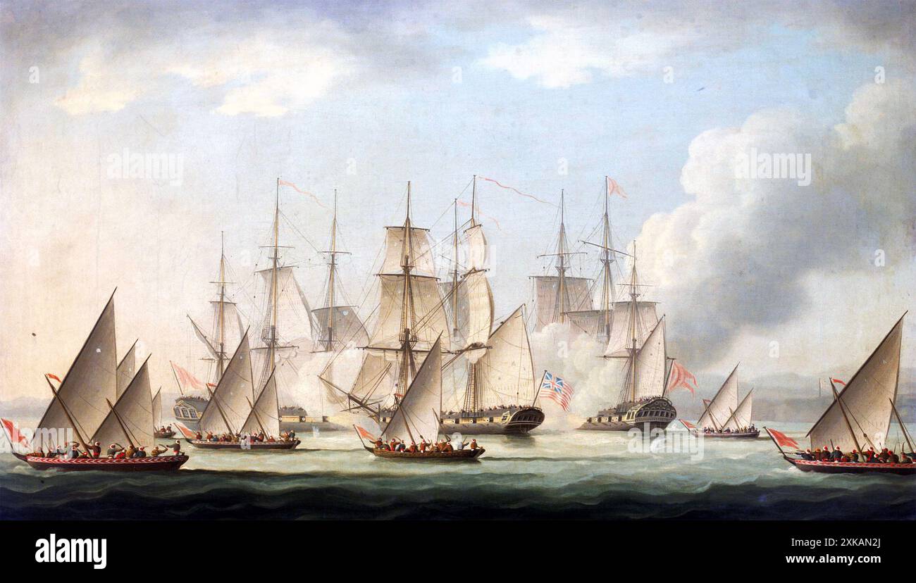 PIRATES MAHRATTA ATTAQUANT LE SLOOP 'AURORA' DE LA MARINE DE BOMBAY, 1812, FIN DE L'ACTION. Tableau de Thomas Buttersworth (1768-1842) Banque D'Images PIRATES MAHRATTA ATTAQUANT LE SLOOP 'AURORA' DE LA MARINE DE BOMBAY, 1812, FIN DE L'ACTION. Tableau de Thomas Buttersworth (1768-1842) Banque D'Images