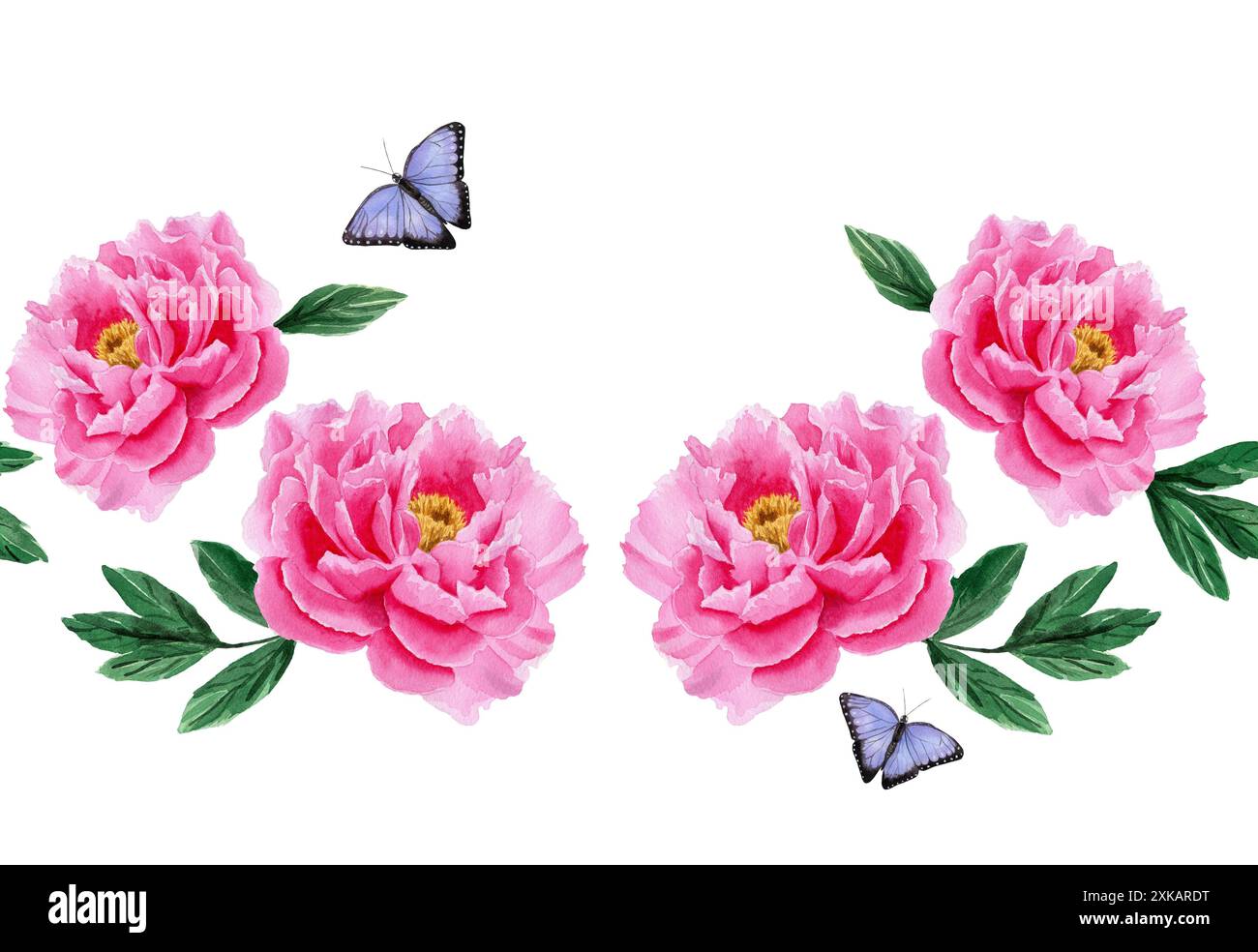 Bordure sans couture avec pivoines roses, feuilles vertes et papillons. Illustration d'aquarelle faite à la main sur fond blanc. Pour papier d'emballage, textile, wa Banque D'Images