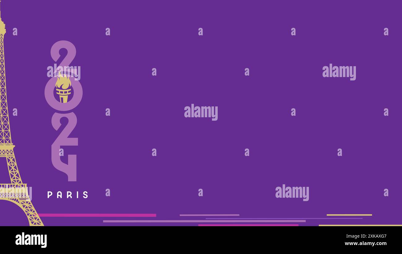 Concept de voyage pour la France ou Paris, copie espace fond horizontal. Papier peint vectoriel, silhouette de Tour Eiffel et numéros 2024 avec torche pour TV Illustration de Vecteur
