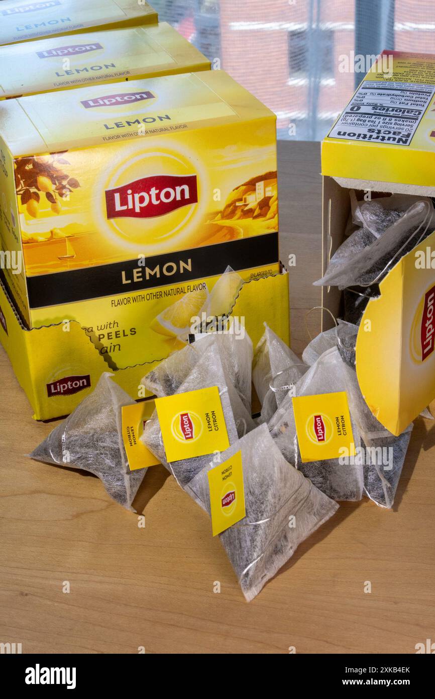 Nature morte du thé noir Lipton avec des pelures de citron dans des sachets de thé en forme de pyramide, 2024, États-Unis Banque D'Images