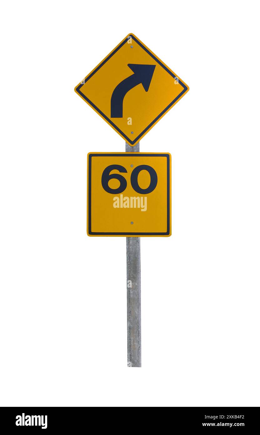 Panneau de signalisation jaune avec flèche et numéro 60, isoler sur fond blanc et avoir des chemins de détourage. Banque D'Images