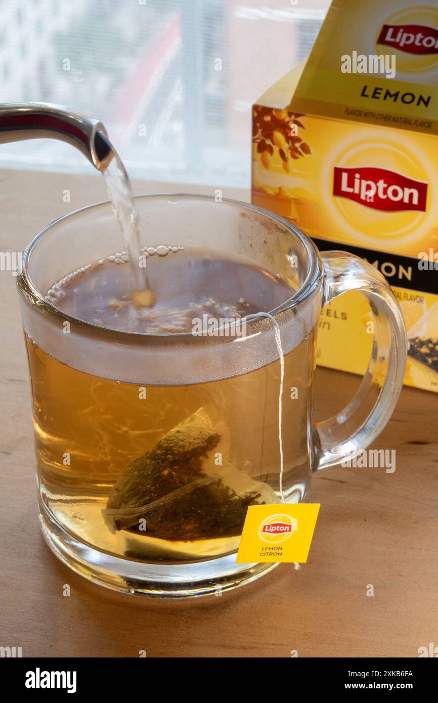 Tasse en verre transparent avec thé trempé, USA 2024 Banque D'Images