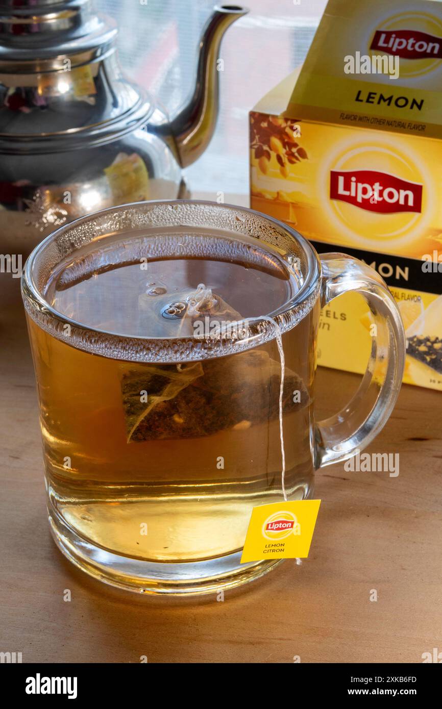 Tasse en verre transparent avec thé trempé, USA 2024 Banque D'Images