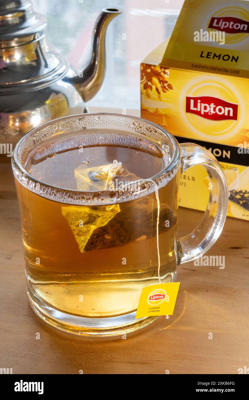 Tasse en verre transparent avec thé trempé, USA 2024 Banque D'Images