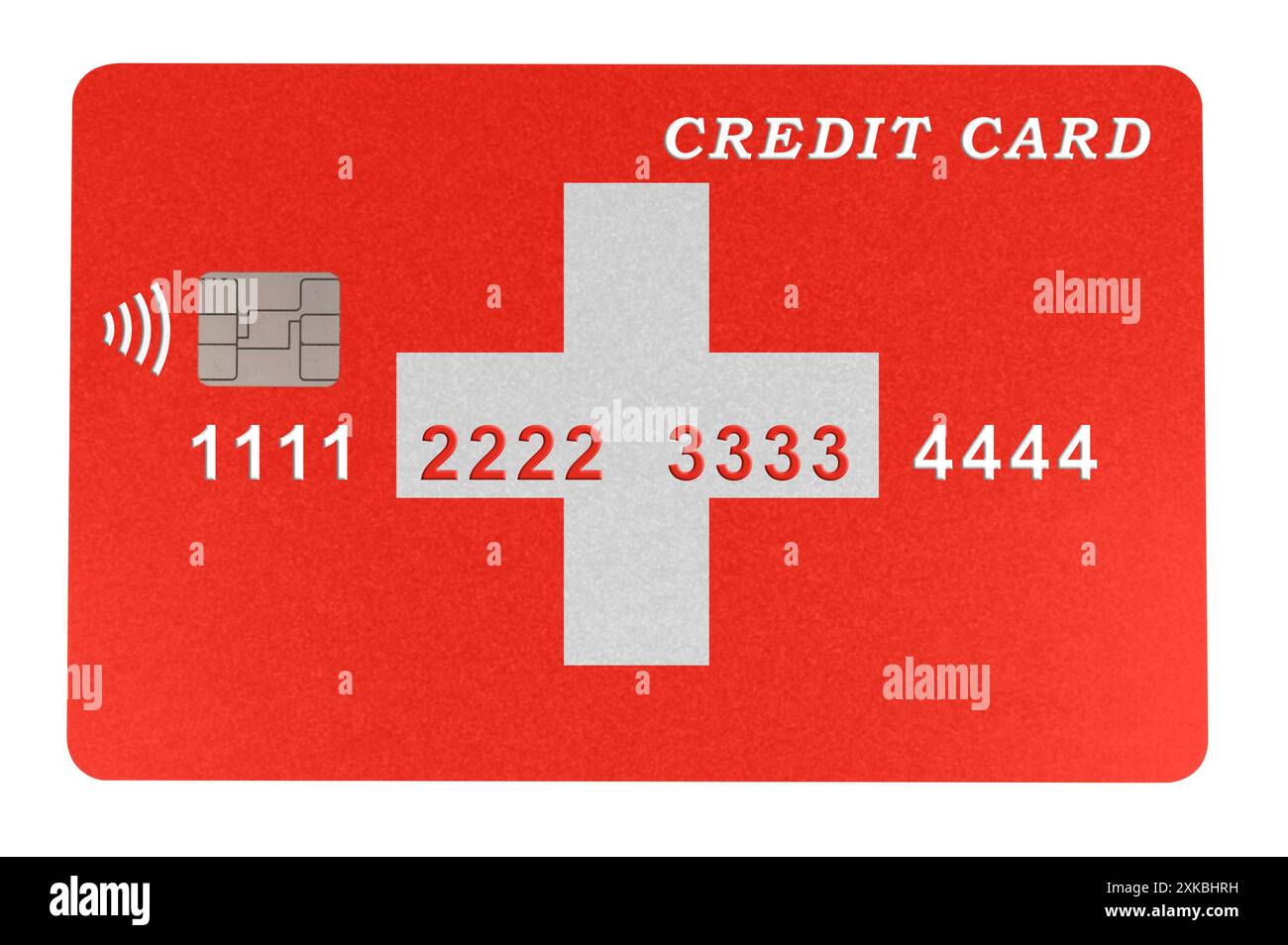 Carte de crédit en plastique en forme de drapeau suisse (gros plan sur fond blanc). Paiement par carte de crédit en ligne pour les achats dans les magasins en ligne Banque D'Images