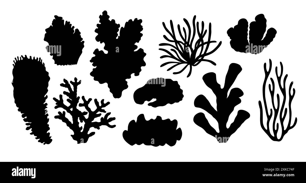 Ensemble aquarelle de silhouettes de coraux. Vie sous-marine. Plantes marines isolées pour lieux de divertissement aquatique, parcs, plages design. Flore sous-marine Banque D'Images