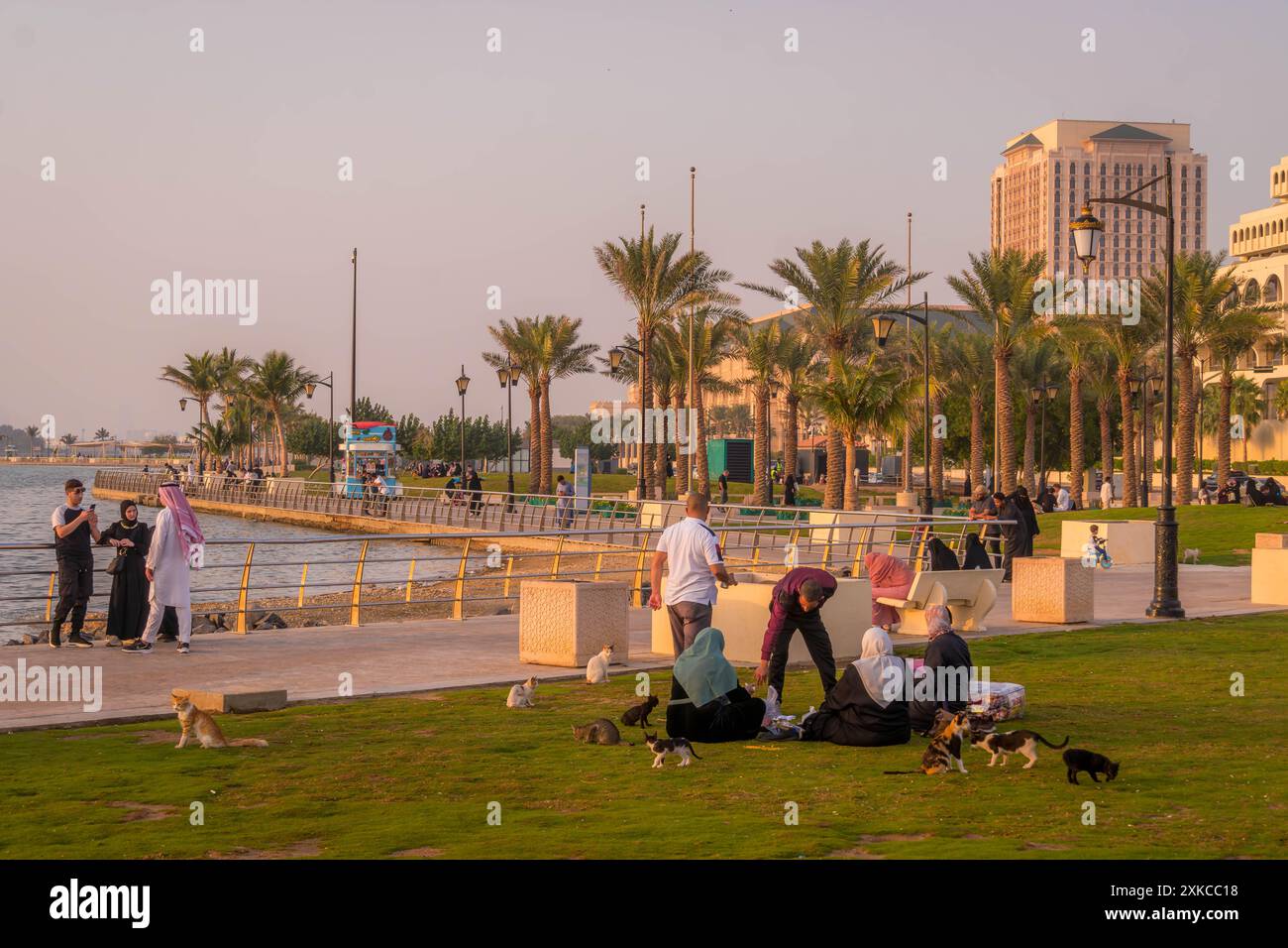 Les Arabes s'amusent sur l'herbe dans le parc de Jeddah Watefront (corniche Al Hamra) pendant la chaude soirée en Arabie Saoudite. Banque D'Images