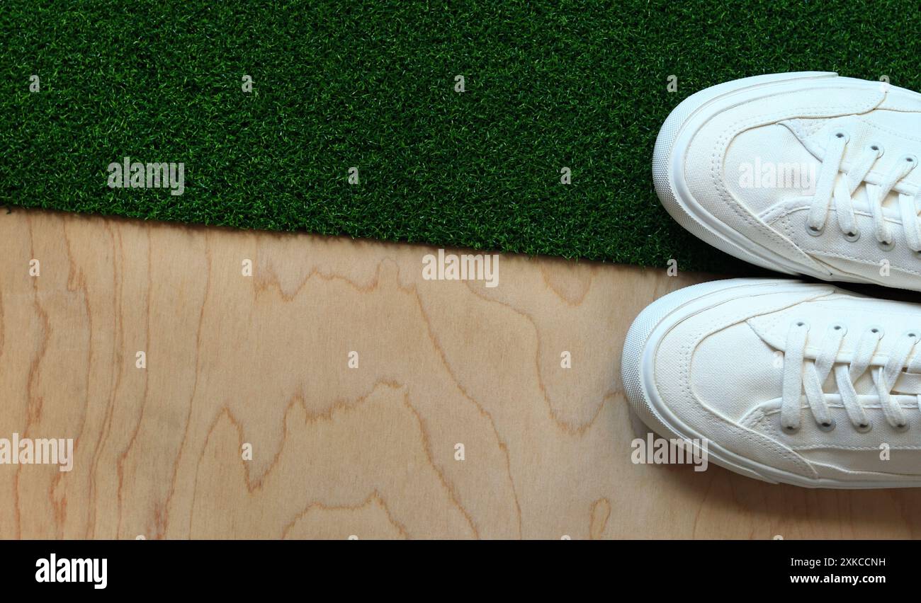 Baskets blanches sur un fond de texture herbe et bois, vue de dessus. Chaussures blanches confortables, chaussures en tissu. Une paire de baskets blanches élégantes en gros plan. Banque D'Images Baskets blanches sur un fond de texture herbe et bois, vue de dessus. Chaussures blanches confortables, chaussures en tissu. Une paire de baskets blanches élégantes en gros plan. Banque D'Images