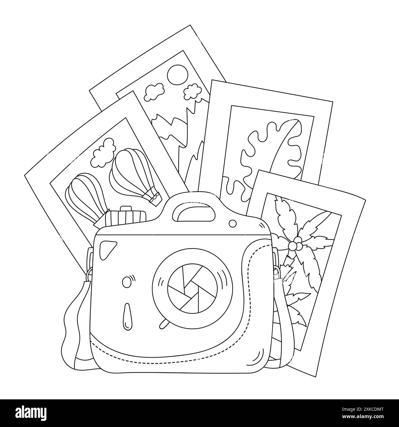 Coloriage page pour adultes et enfants présente des photos de voyages capturées par Camera Illustration de Vecteur