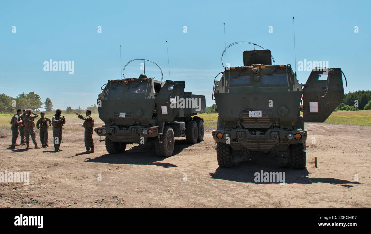 Hokkaido, Japon. 22 juillet 2024. III Marine Expeditionary Force of U.S. Marines HIMARS (High Mobility Artillery Rocket System) prennent part à l'armée américaine et au Japon Ground Self? Exercice militaire de la Force de défense 'Orient Shield 24' dans la zone de manœuvre de Yausubetsu, préfecture de Hokkaido, Japon, le lundi 22 juillet 2024. Les US Marines participent pour la première fois à l'Orient Shield. Photo de Keizo Mori/UPI crédit : UPI/Alamy Live News Banque D'Images