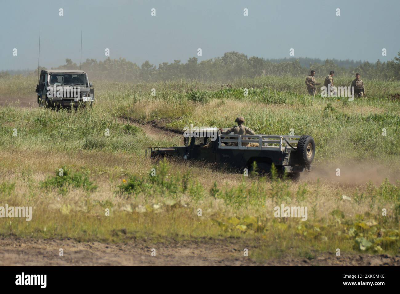 Hokkaido, Japon. 22 juillet 2024. Les membres de la III Marine Expeditionary Force of U.S. Marines participent à l'armée américaine et au Japon Ground Self? Exercice militaire de la Force de défense 'Orient Shield 24' dans la zone de manœuvre de Yausubetsu, préfecture de Hokkaido, Japon, le lundi 22 juillet 2024. Les US Marines participent pour la première fois à l'Orient Shield. Photo de Keizo Mori/UPI crédit : UPI/Alamy Live News Banque D'Images