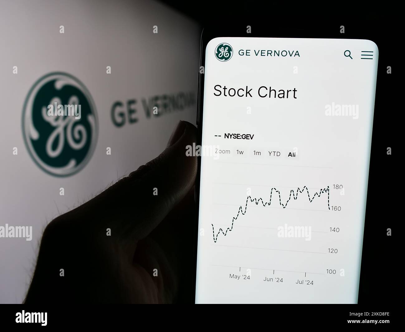 Personne tenant le téléphone portable avec la page Web de la société américaine d'équipement énergétique GE Vernova Inc devant le logo de l'entreprise. Concentrez-vous sur le centre de l'écran du téléphone. Banque D'Images