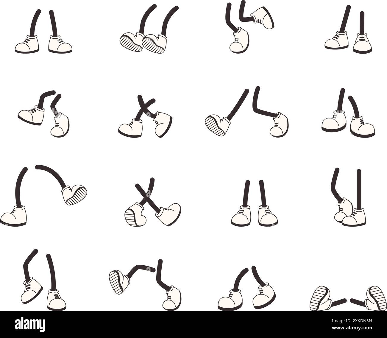 Jambes de bande dessinée. Bottes de chaussures, personnages de pieds d'animation de style rétro. Position assise debout en courant sautant marcher, ensemble de vecteurs serrés Illustration de Vecteur