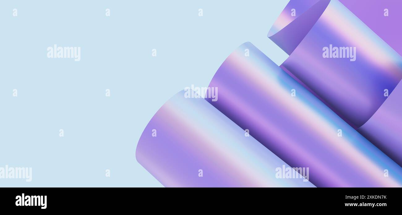 Rayures holographiques froissées sur fond bleu. Gros plan des plis lisses des rubans néon. illustration de rendu 3d. Banque D'Images