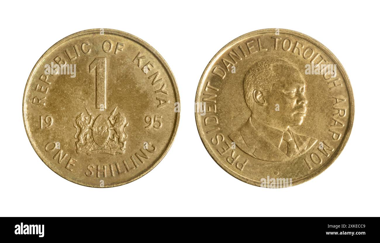 Photo isolée de 1 Kenya 1995 shilling pièce en laiton olated Steel de la République du Kenya 1966-2018 sur fond blanc. Banque D'Images