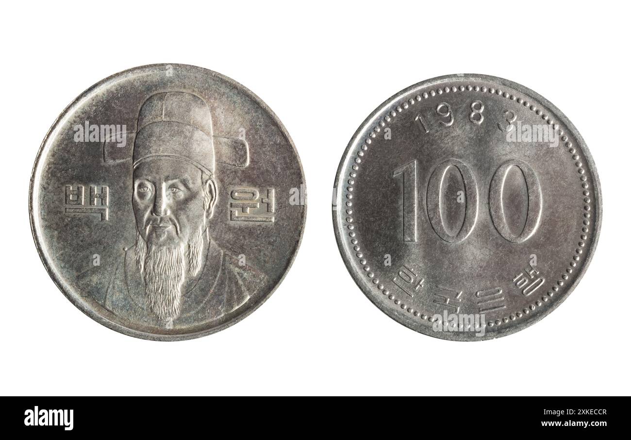 Photo isolée de 100 sud-coréenne 1983 Won pièce de cuivre-nickel de la République de Corée 1982-2023 sur fond blanc. Banque D'Images
