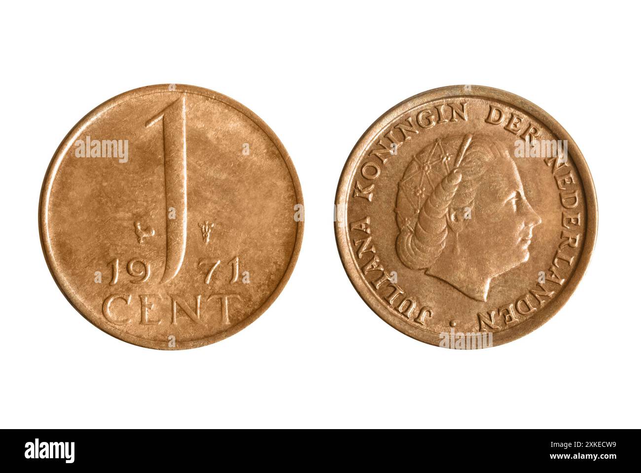 Photo isolée de 1 pièce de bronze néerlandaise de 1971 cents de la reine Juliana 1949-1980 sur fond blanc. Banque D'Images