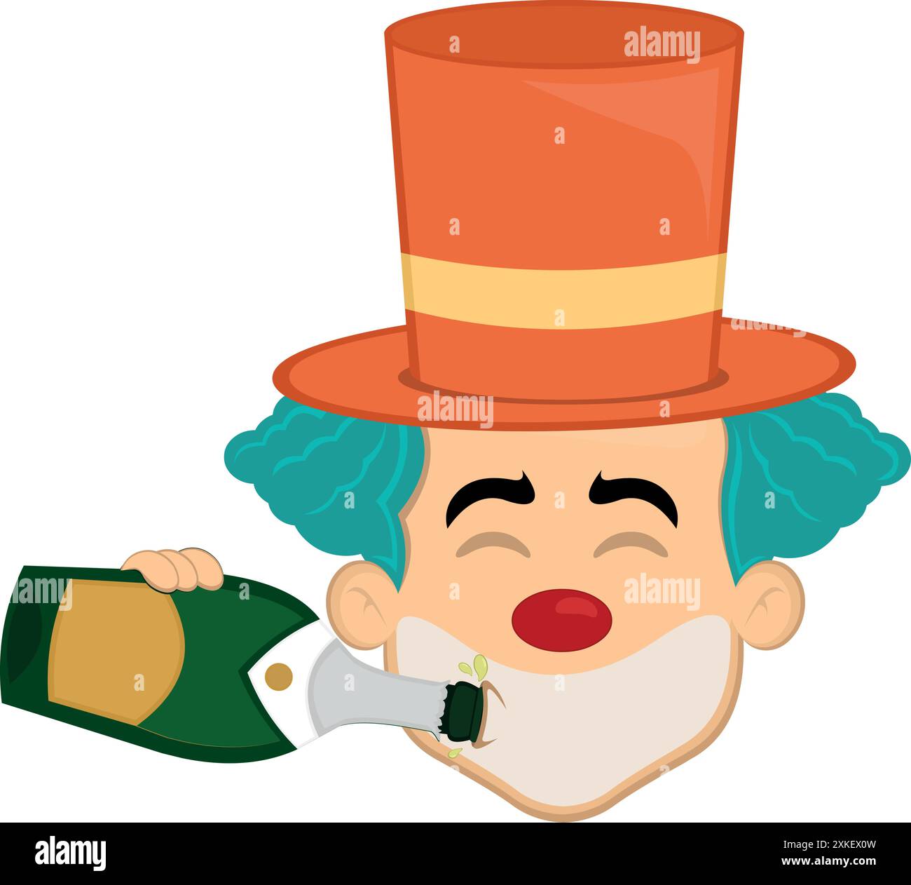 illustration vectorielle visage personnage de dessin animé clown, boire du champagne ou du cidre de la bouteille Illustration de Vecteur