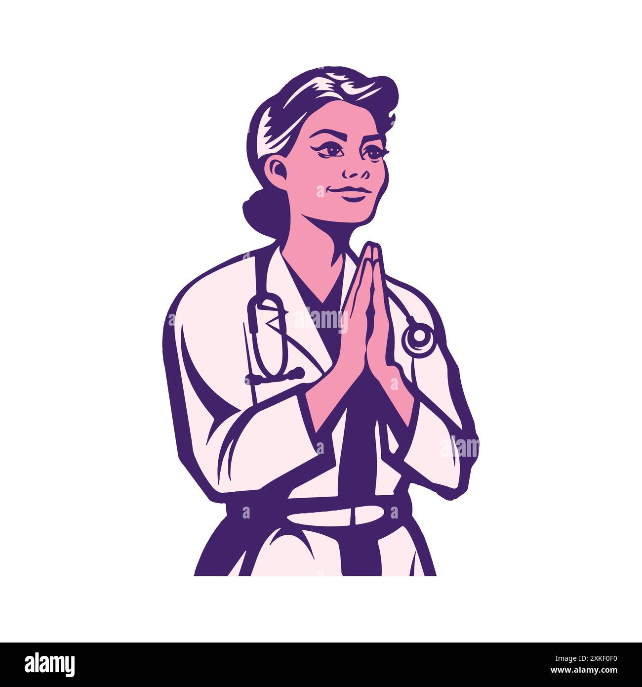 Le personnage de médecin féminin est reconnaissant avec l'illustration vectorielle d'expression de sourire Illustration de Vecteur