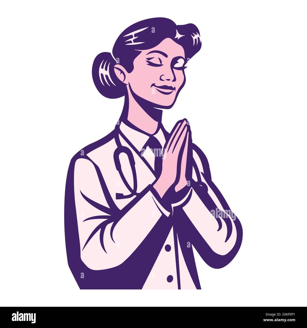 Le personnage de médecin féminin est reconnaissant avec l'illustration vectorielle d'expression de sourire Illustration de Vecteur