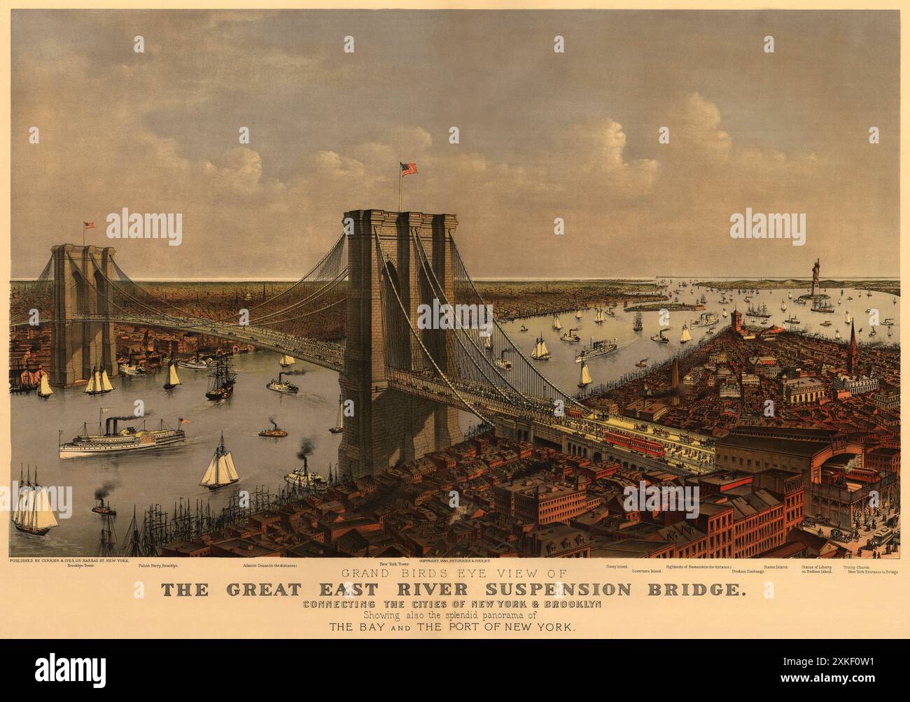 New York, New York 1892 Une vue imprenable sur le pont suspendu Great East River reliant les villes de New York et Brooklyn et montrant également le splendide panorama de la baie et du port de New York. Banque D'Images