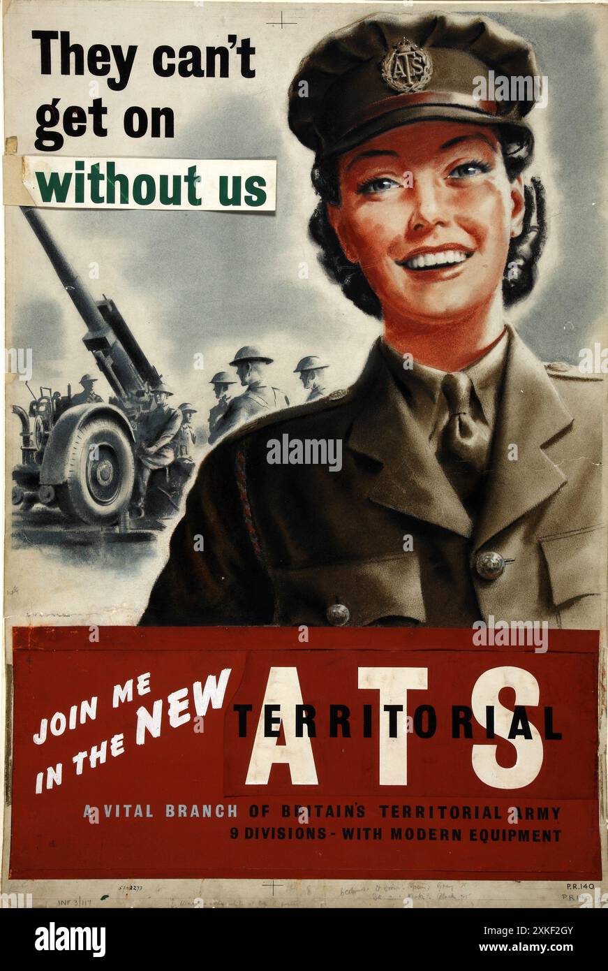 Une affiche de recrutement WW2 pour l'ATS. L'ATS était le Service territorial auxiliaire. Il a été formé le 9 septembre 1938, initialement comme un service volontaire féminin, et a existé jusqu'au 1er février 1949, date à laquelle il a été fusionné dans le Women's Royal Army corps. Le texte dit qu'ils ne peuvent pas continuer sans nous. Banque D'Images