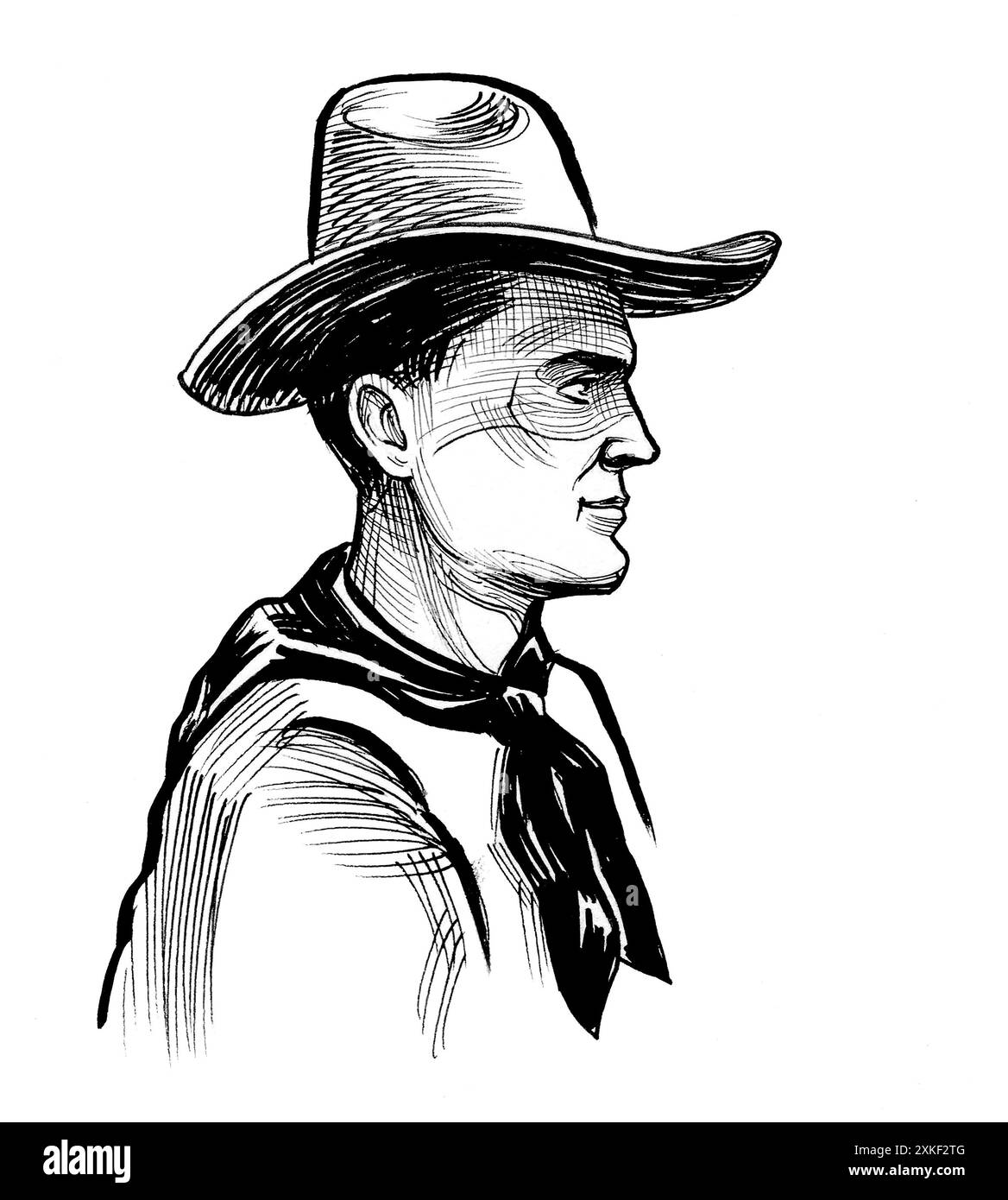 Personnage de cow-boy. Illustration noire et blanche à l'encre de style rétro dessinée à la main Banque D'Images